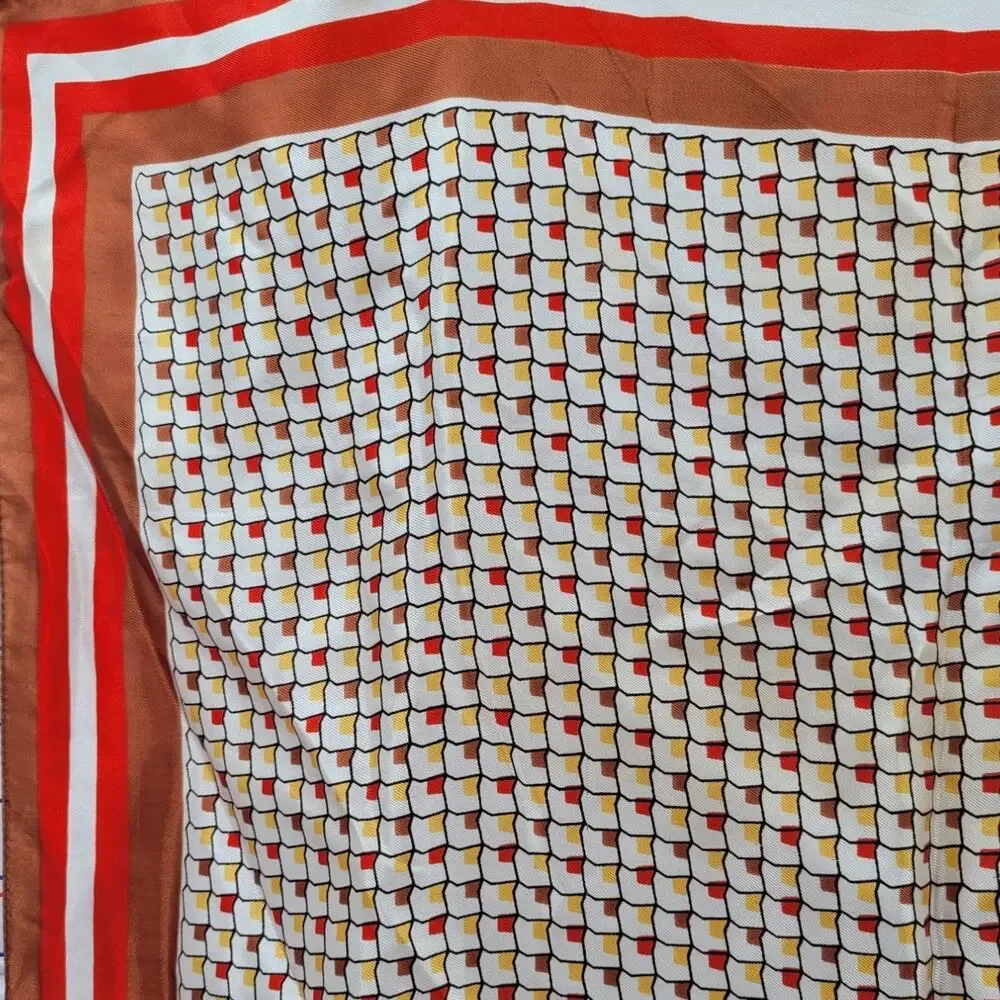 Lilly D'Or Geometric Silk Scarf Brown Red Vintage Mod Cottagecore Accessory